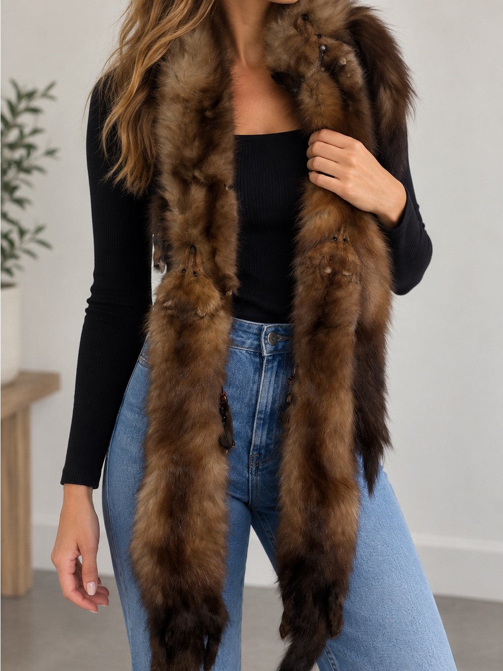Vintage Genuine Fur Stole Scarf Full Pelt Animal Heads Tails Taxidermy Brown